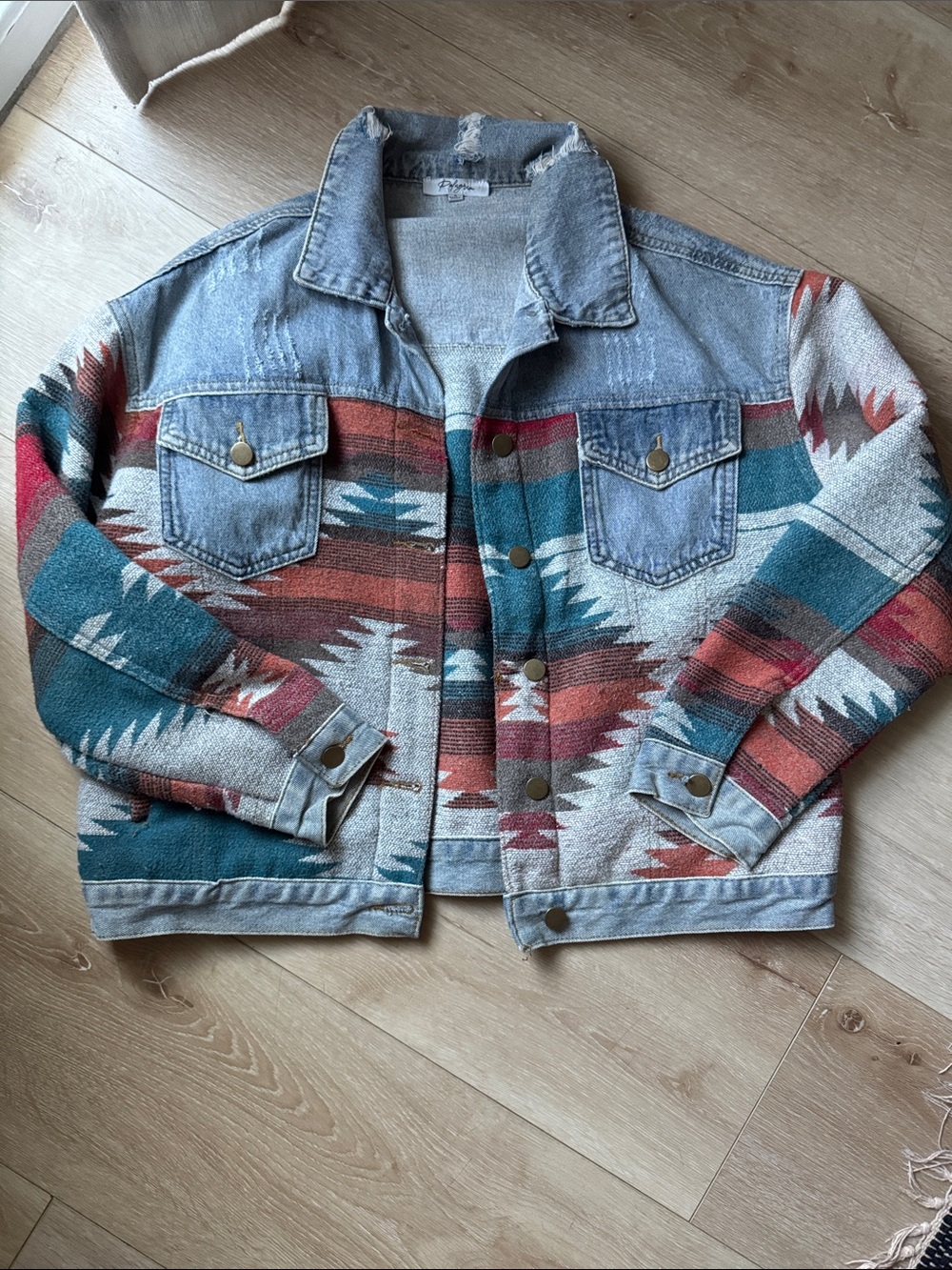 Hologram Aztec Pattern Light Wash Denim Jacket - Teal & Rust small